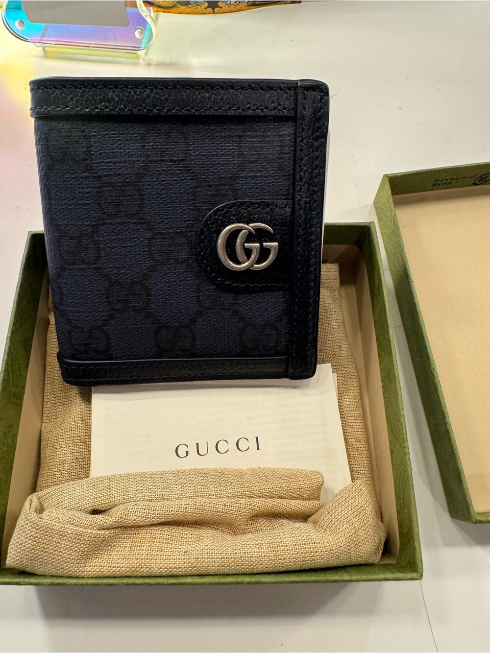Gucci Men’s Navy GG Supreme Card Holder with Silver Double G
